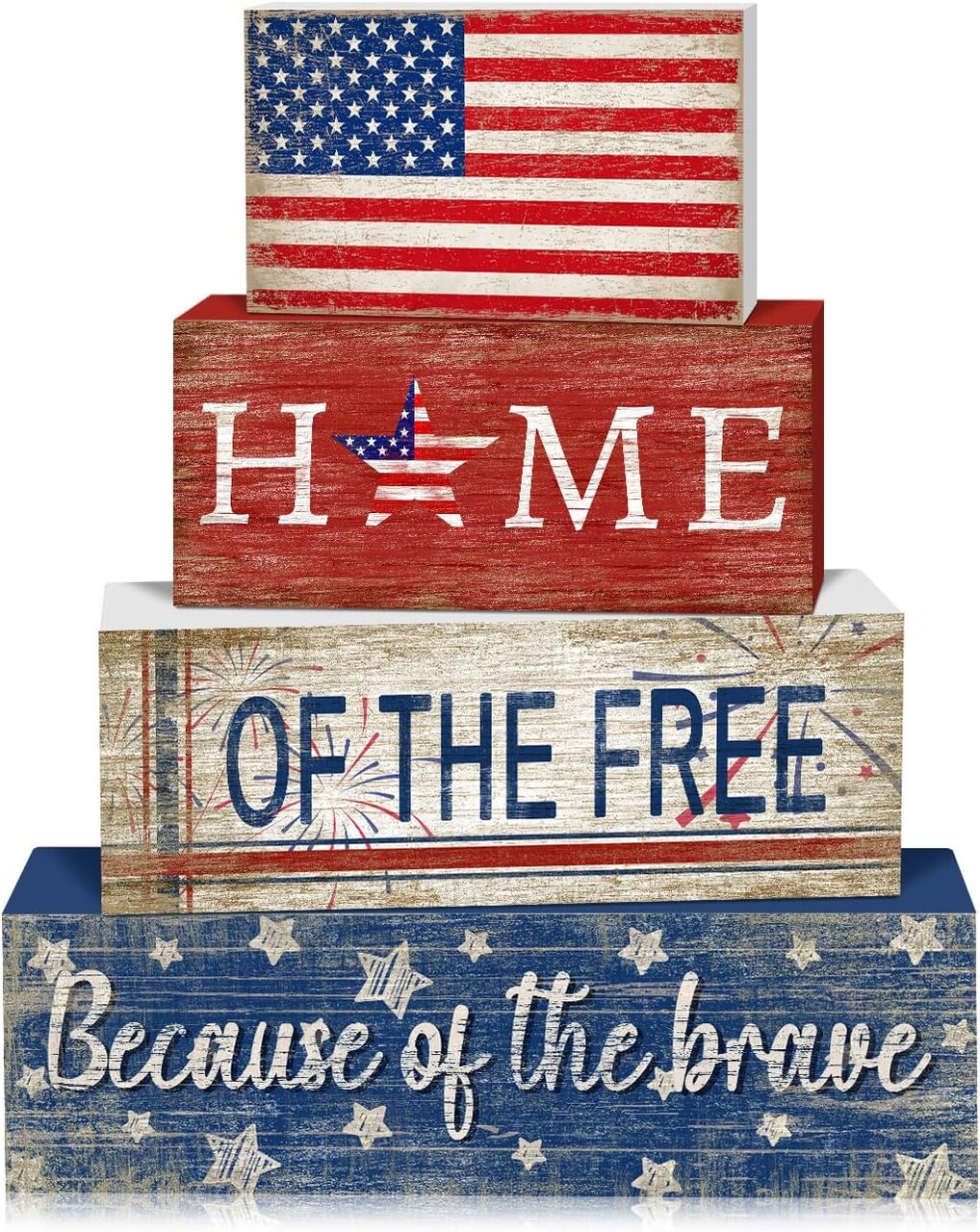 4 Pcs Patriotic Tiered Tray Decorations Set, 4th of July Table Sign Memorial Day Farmhouse Red White Blue Rustic Wooden Block Stack Sign for Home Fireplace Mantel (Flag)
